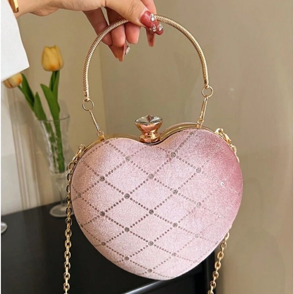 Pink velvet heart shaped purse crossbody handbag
